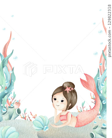 Children's illustration template with watercolor mermaid, underwater seaweed, corals, seashell and bubbles. Postcard frame isolated from background. For invitations to birthday party, baby shower Children's illustration template with watercolor mermaid, underwater seaweed, corals, seashell and bubbles. Postcard frame isolated from background. For invitations to birthday party, baby shower 129822318