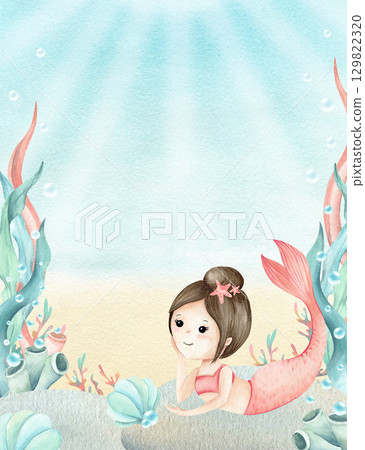 Watercolor frame with mermaid in underwater world. Children's illustration with seaweed, coral, seashell and bubbles. Hand drawn postcard isolated on seascape with sun rays. Invitation to kids party Watercolor frame with mermaid in underwater world. Children's illustration with seaweed, coral, seashell and bubbles. Hand drawn postcard isolated on seascape with sun rays. Invitation to kids party 129822320