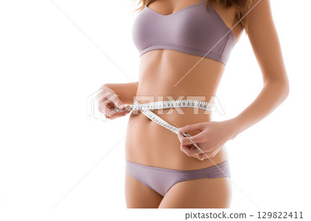 Young woman measuring her waist. Diet and health care concept 129822411