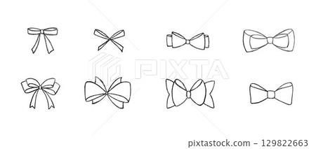 Chalk coquette bow with ribbon set. Hand drawn vector illustration isolated on black chalkboard background for design template present, wedding, Birthday, Christmas decoration or discount, sale. EPS10 129822663