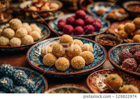 Assortment of Indian sweets on a festive table in traditional plates. Celebrating Diwali festival. 129822974