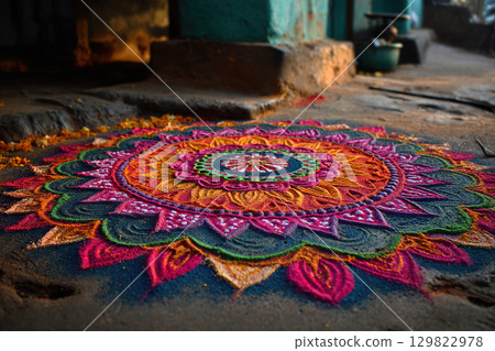 The threshold of the house is decorated with rangoli or kolam. Traditional Indian sand art using patterns, dots and stencils. Rangoli patterns 129822978