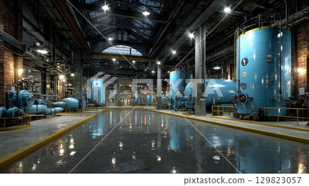 Industrial interior of water treatment plant with pipes and tanks 129823057