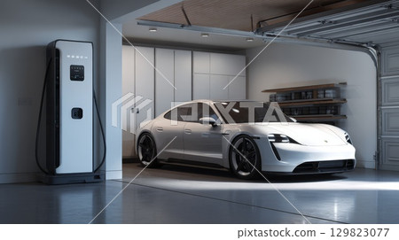 White porsche taycan charging in modern garage 129823077