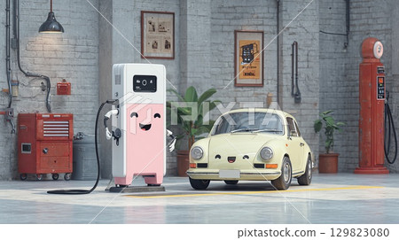 Electric vehicle charging at station with happy faces in garage 129823080