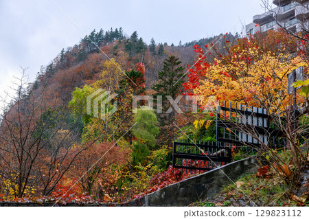 被雨水浸濕的溫泉鄉的秋日風景 129823112