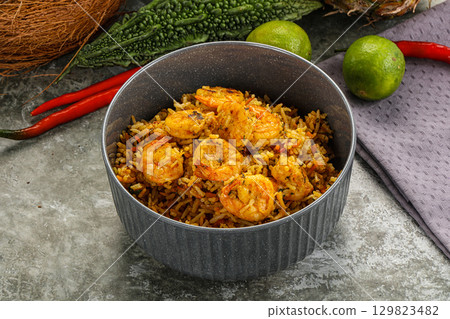 Indian cuisine - Biryani rice with prawn 129823482