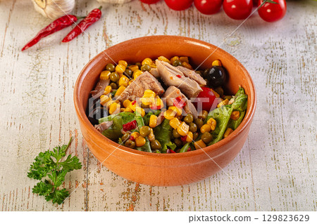 Dietary salad with canned tuna and corn 129823629