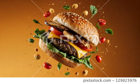 Burger with multigrain bun and crisp spinach leaves, all floating in a golden-orange background 129823976