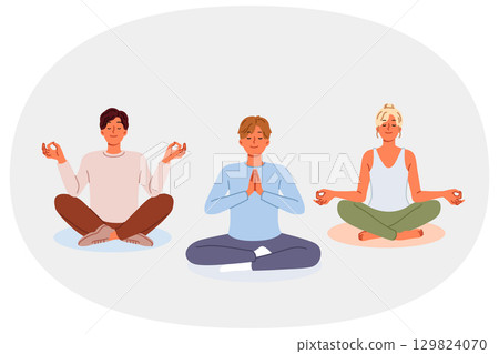People meditate sitting in lotus position, visiting yoga studio and learning buddhist practices 129824070