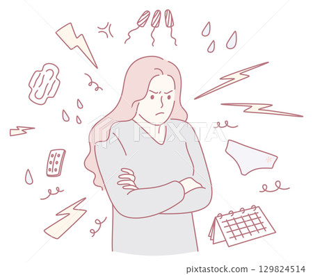 A woman anxious and surrounded by symbols representing her distress and turmoil 129824514