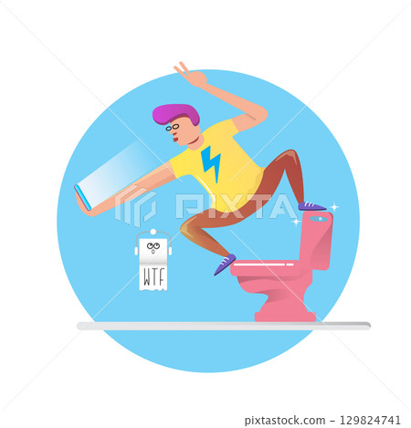 Happy Young man sitting on toilet and taking a selfie on phone. narcissism or social media addiction vector concept illustration. Teenager having fun in toilet room with toilet bowl and paper roll Happy Young man sitting on toilet and taking a selfie on phone. narcissism or social media addiction vector concept illustration. Teenager having fun in toilet room with toilet bowl and paper roll 129824741