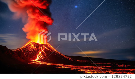 Volcano erupting at night with hot lava and red smoke. Spectacular power of nature with magma flowing down mountain under starry sky. Dramatic landscape 129824752