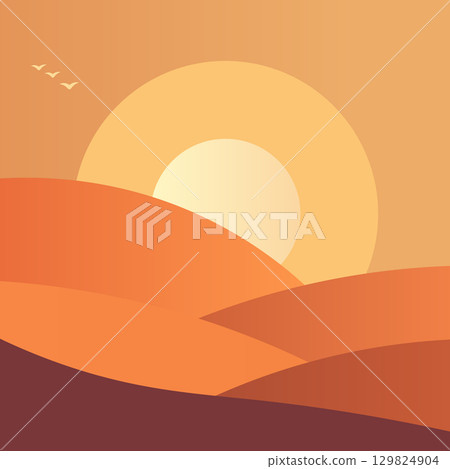 A painting of a desert with a sun in the sky and three birds flying in the background. The painting has a warm and peaceful mood, with the sun and birds representing freedom 129824904
