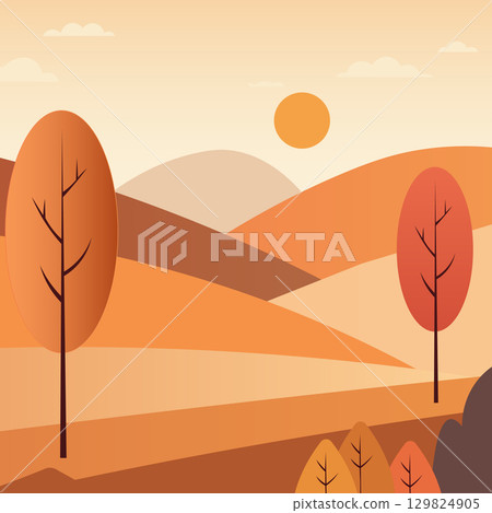 A drawing of a mountain landscape with two trees and a sun in the sky. The trees are orange and the sky is a mix of orange and blue A drawing of a mountain landscape with two trees and a sun in the sky. The trees are orange and the sky is a mix of orange and blue 129824905