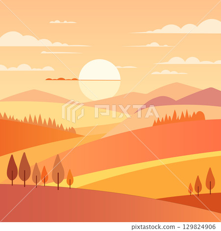 A beautiful landscape with a sun setting in the background. The sky is filled with clouds and the sun is setting behind the mountains. The scene is peaceful and serene, with a sense of calmness A beautiful landscape with a sun setting in the background. The sky is filled with clouds and the sun is setting behind the mountains. The scene is peaceful and serene, with a sense of calmness 129824906