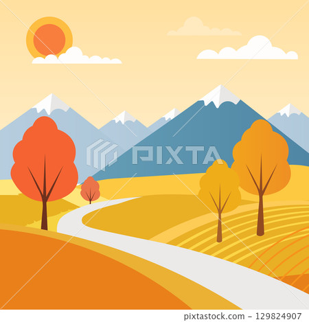 A mountain range with a road in the middle and a sun in the sky. The road is lined with trees and the sky is filled with clouds A mountain range with a road in the middle and a sun in the sky. The road is lined with trees and the sky is filled with clouds 129824907
