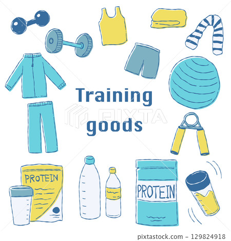 手繪訓練器材插圖集（藍色、黃色） 129824918