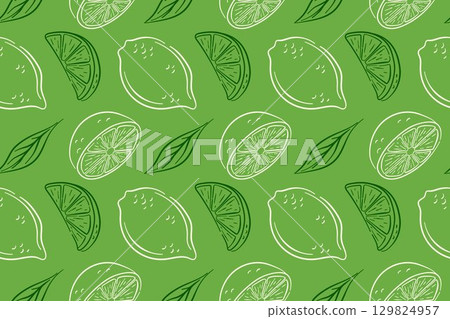 Colorful lemon pattern with citrus fruit and juicy slice in line art style. Seamless green background for package, wallpaper design, kitchen decor or fresh summer theme. 129824957