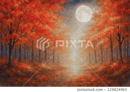 A fantastic watercolor illustration of a forest of autumn leaves illuminated by a full moon 129824963