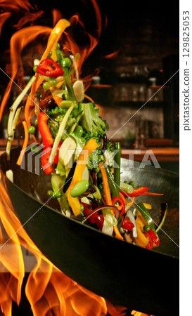 Freeze Motion of Wok Pan with Flying Vegetable Ingredients in the Air and Fire Flames. Kitchen Interior on Background. Vertical Aspect Ratio. 129825053