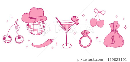 Border Disco ball y2k bachelorette party tattoo sketch. Disco ball pink with hat, vinyl, cherry disco set. Doodle shiny nightlife music illustration. Groovy 2000 party 129825191