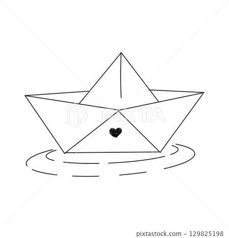 Paper boat with cute heart on water doodle hand drawn. Simple line origami sketch ship. Kids toy for lake or puddle. Paper boat with cute heart on water doodle hand drawn. Simple line origami sketch ship. Kids toy for lake or puddle. 129825198