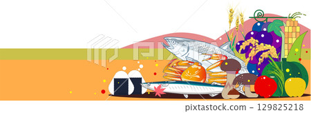 Background illustration of autumn flavors such as salmon, saury, pumpkin, matsutake mushroom, chestnut, etc. 129825218