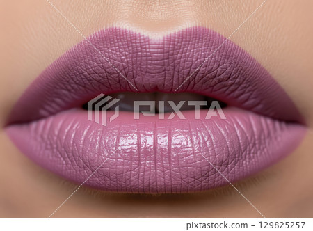 Beautiful lilac lipstick on perfect lips.  129825257