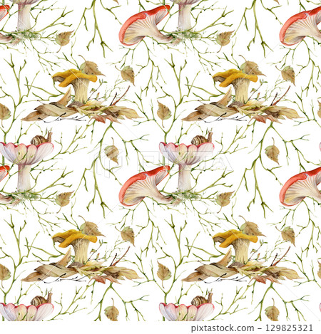 Golden chanterelle russula mushroom on top of fallen autumn leaves pile seamless pattern hand drawn in watercolor.Girolle cortinarius webcap fungi, natural brambles, twisting branches twigs net grid 129825321