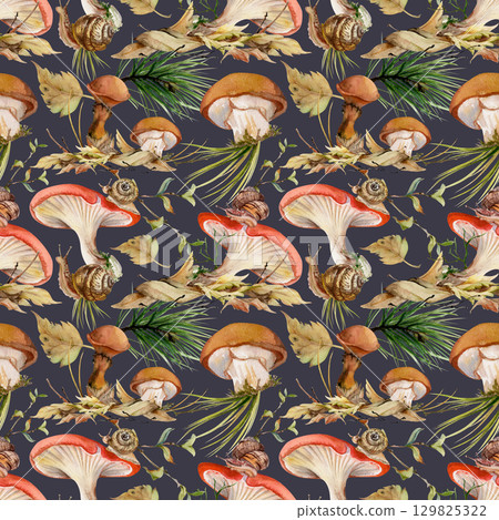 Russula suillus webcap larch bolete slippery jack mushroom. Crawling snail on cap, autumn leaves pile with twigs, pine needles. Fungi natural seamless pattern hand drawn in watercolor isolated on dark 129825322