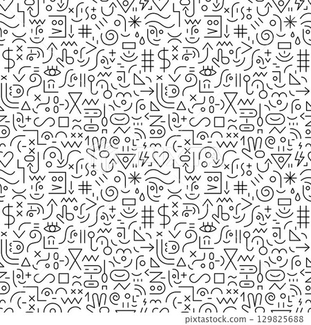 Faces of people social network seamless lines pattern with funny kids face and geometric shapes 129825688