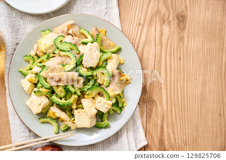 Goya Chanpuru | Okinawan-style stir-fried tofu, eggs, and pork Goya Chanpuru | Okinawan-style stir-fried tofu, eggs, and pork 129825706