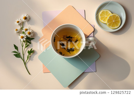 A white tea cup filled with warm yellow tea leaves, delicate daisies accompany the cup, adding a hint of natural beauty 129825722