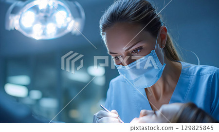 Female dentist in surgical mask examining patient, modern dental clinic with bright surgical lighting 129825845