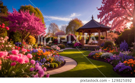 A garden landscape filled with blooming flowers 129825892