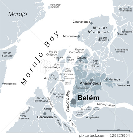 Belem and surroundings, Para, Brazil, gray political map. Capital and largest city of the state of Para located in the Northern region of Brazil, on the Guajara Bay. Busy gateway to the Amazon River. 129825904