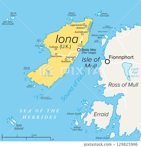 Iona, island of Scotland, political map. Island in the Hebrides off Ross of Mull. Known for Iona Abbey, center of Gaelic monasticism for three centuries, birthplace of Celtic Christianity in Scotland. 129825906