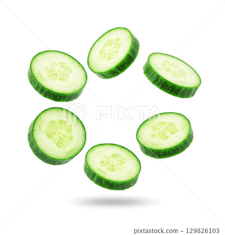 Concept design sliced cucumber isolated on white 129826103