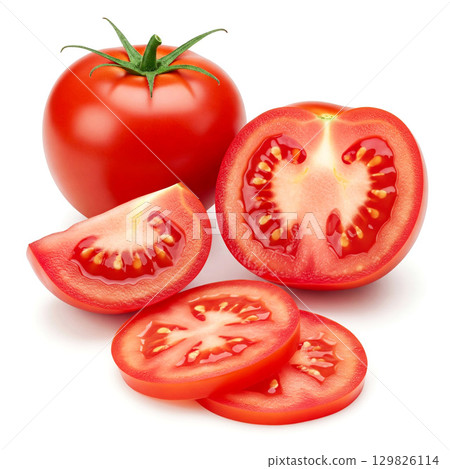 Close up sliced tomato concept isolated on white 129826114