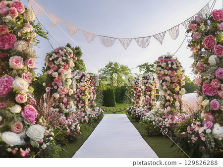 A cute flower stage with pink roses in the garden 129826288