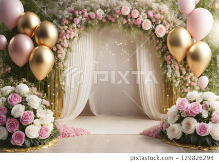 粉紅玫瑰花氣球舞台 129826293