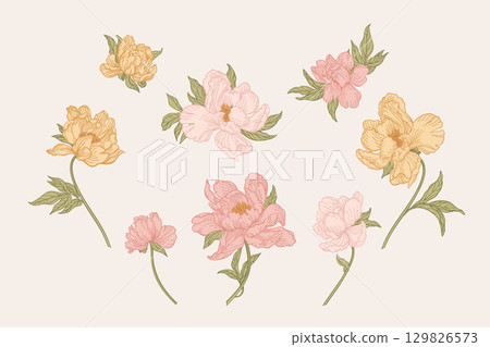Set with delicate peonies 129826573