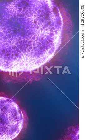Bioluminescent purple cell-like structures with branching textures glowing on a dark blue background 129826609