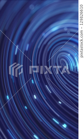 Spiraling rings of blue data light form a tunnel effect, creating a hypnotic visualization of movement through digital space 129826610