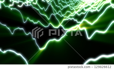Bright green and yellow glowing lines ripple across a digital wavefield, forming dynamic and abstract energy paths 129826612