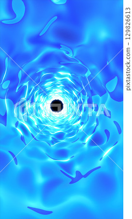 Bright glowing vortex of electric blue waves forming a dynamic spiral tunnel effect 129826613