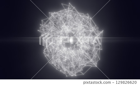 Dark abstract sphere made of glowing white nodes and geometric lines, resembling a minimalist digital data structure 129826620