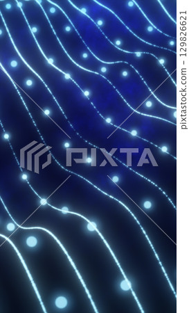 Abstract glowing blue grid with light nodes flowing in wave-like formation on a dark background 129826621