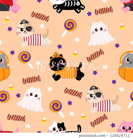 Cute Halloween costume cat seamless pattern 129826711